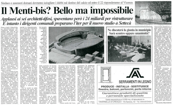 Articolo giornale Campus Stadio Menti Vicenza